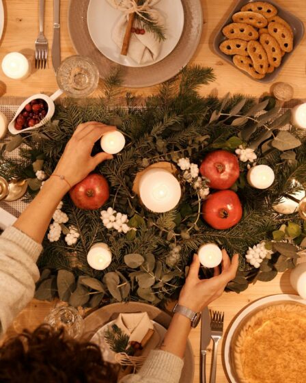 top view of table set up for christmas dinner