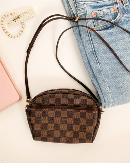 brown and black checkered handbag