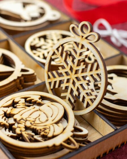 wooden christmas ornaments on a box