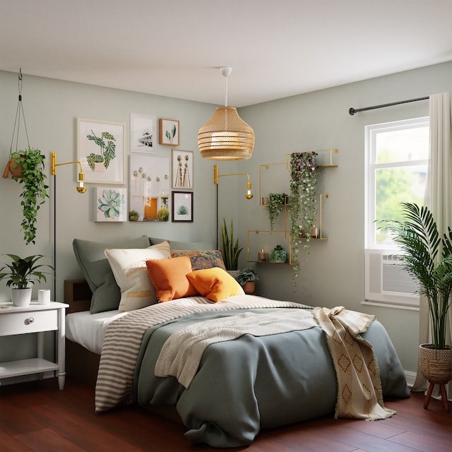 Quarto com cama de casal e decoração com quadros e plantas - Checklist de Primavera