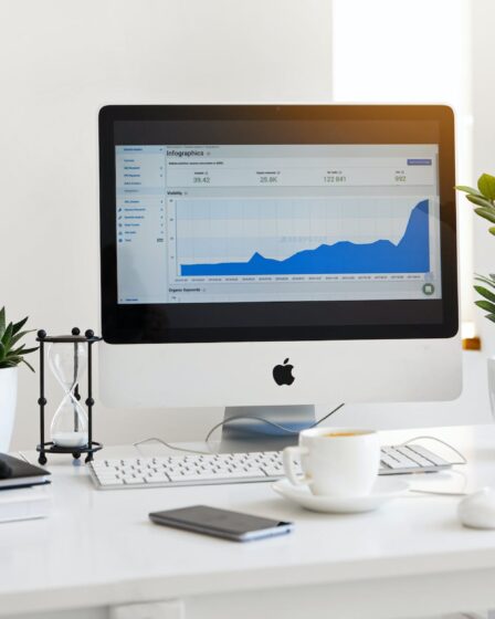 silver imac displaying line graph placed on desk