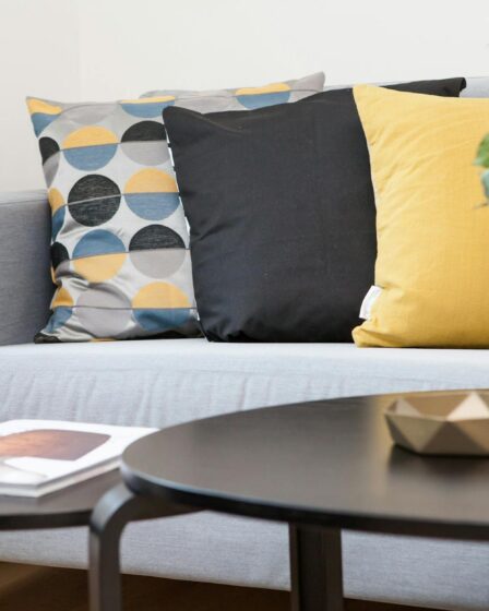 centerpiece on coffee table beside sofa with three pillows