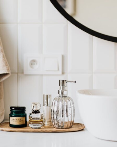 set of skin care products in contemporary bathroom