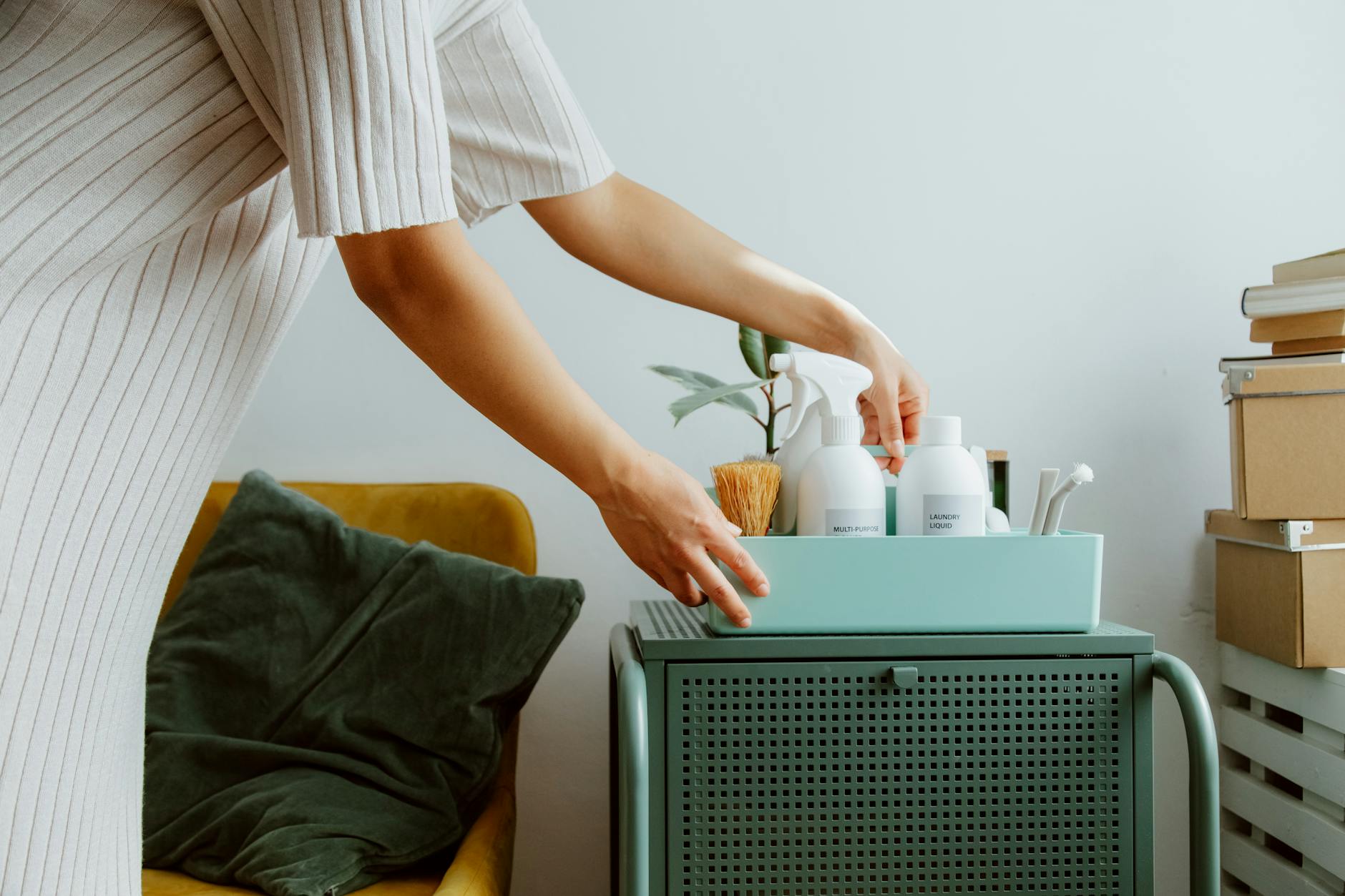 woman organizing self care products