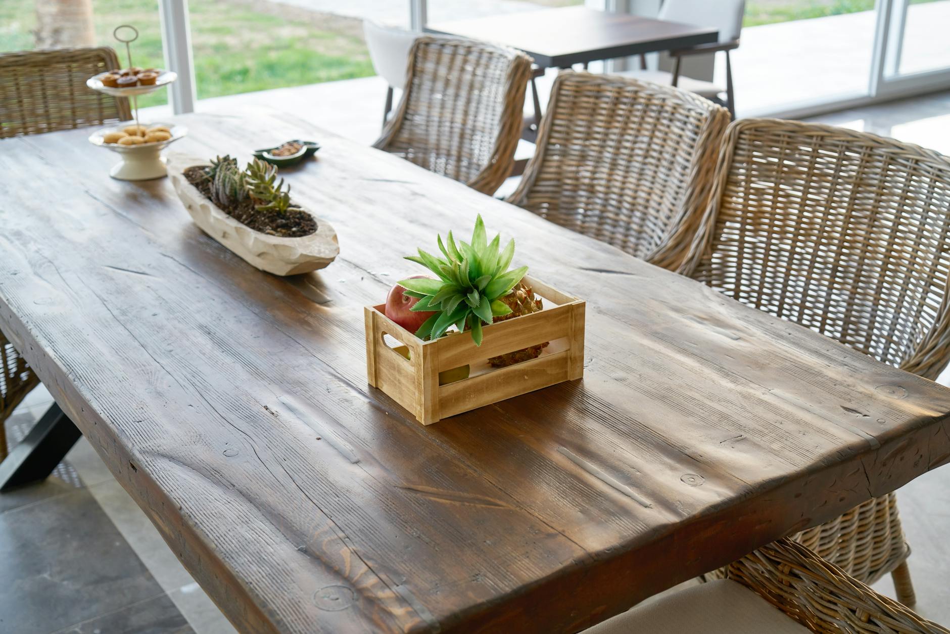 rectangular brown wooden dining table and chairs set